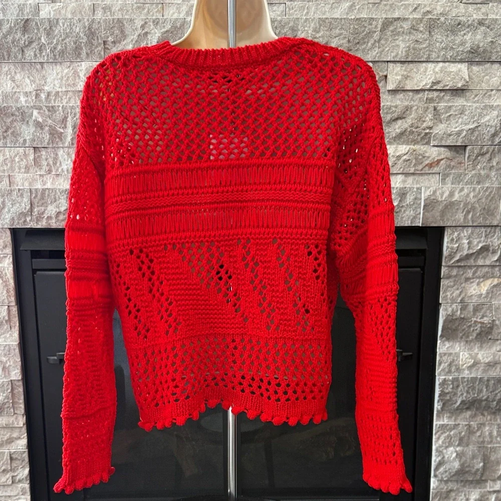 Zara Red Open Knit Crewneck Sweater